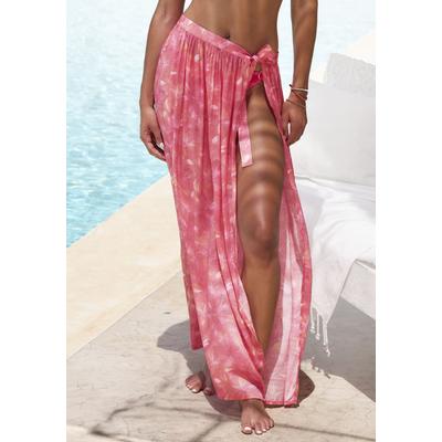 Wickelrock S.OLIVER "für den Strand mit Alloverprint aus leichter Webware", Damen, Gr. 44, rot (rot bedruckt), Web, Obermaterial: 60% Viskose, 40% Polyester, bedruckt, figurumspielend lang, Röcke Wickelrock, Strandrock mit Blumenmuster, luftiger...