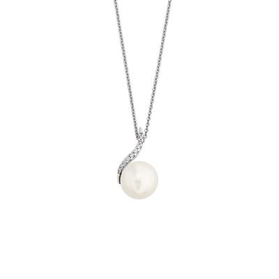 Kette mit Anhänger OROLINO "Gold 585 mit 9 Brillanten zus. 0,07ct. und weißer Perle 9mm", weiß, Halsketten, Damen, 45cm, 0,07, Gold, L: 45 B: 9mm, glänzend, B:9mm