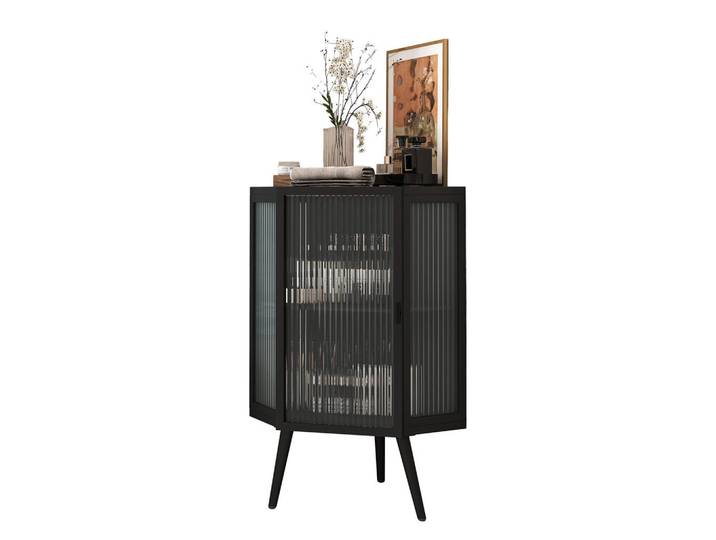 Chicfurn Eckschrank 56/42,5/80 cm, Schwarz, mit Glastüren und Ablageböden, Metall, Glas, 1 Fächer, Sechseckig,Sechseckig, 56x80x42.5 cm, Schlafzimmer, Kleiderschränke, Eckschränke