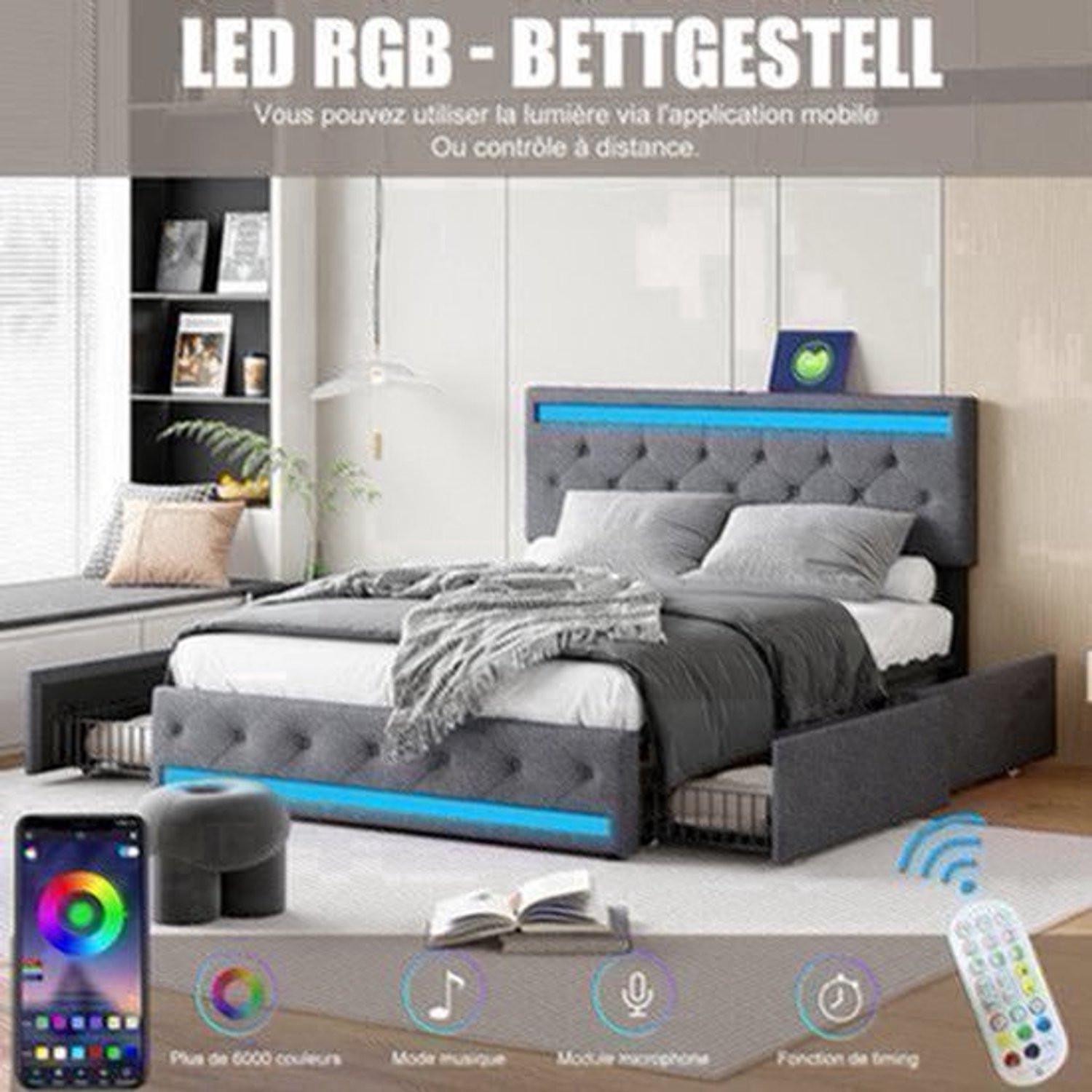Merkloos Tweepersoons Opbergbed met LED-verlichting en 4 lades, 160x200 cm