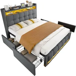 Polsterbett 140x200 cm mit LED-Beleuchtung und USB-Steckdose – elegantes Design in Grau mit Stauraum und Ablageflächen