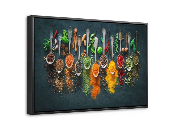 LEINWAND Bilder mit Rahmen - Kräuter - Gewürze - Löffel - 60x40