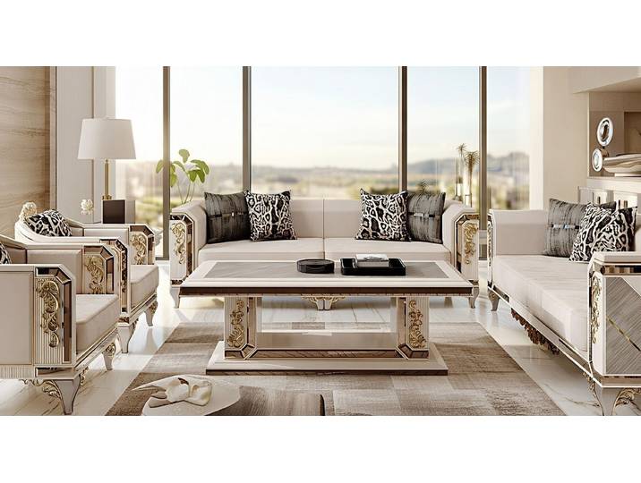 JVmoebel Polstergarnitur Luxuriöse Wohnzimmer Couchgarnitur Stylische Sofas 2x Sessel Tisch, (5-tlg), Made in Europa