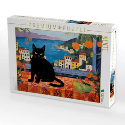 CALVENDO Puzzle Schwarze Katze auf einem Tisch | 1000 Teile Lege-Größe 64x48cm Foto-Puzzle für glückliche Stunden