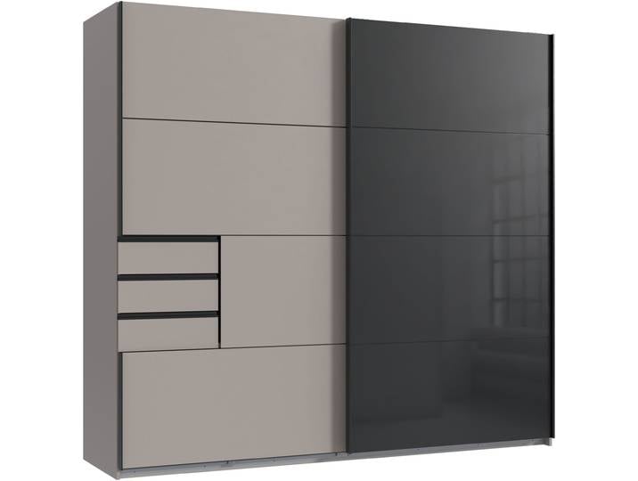 Schwebetürenschrank WIMEX Tilburg , schwarz (saharagrau, durchgängige türfront glas schwarz, absetzung grafit), B:225cm H:208cm T:65cm, Holzwerkstoff, Schränke, Schwebetürenschrank, mit Glaselementen
