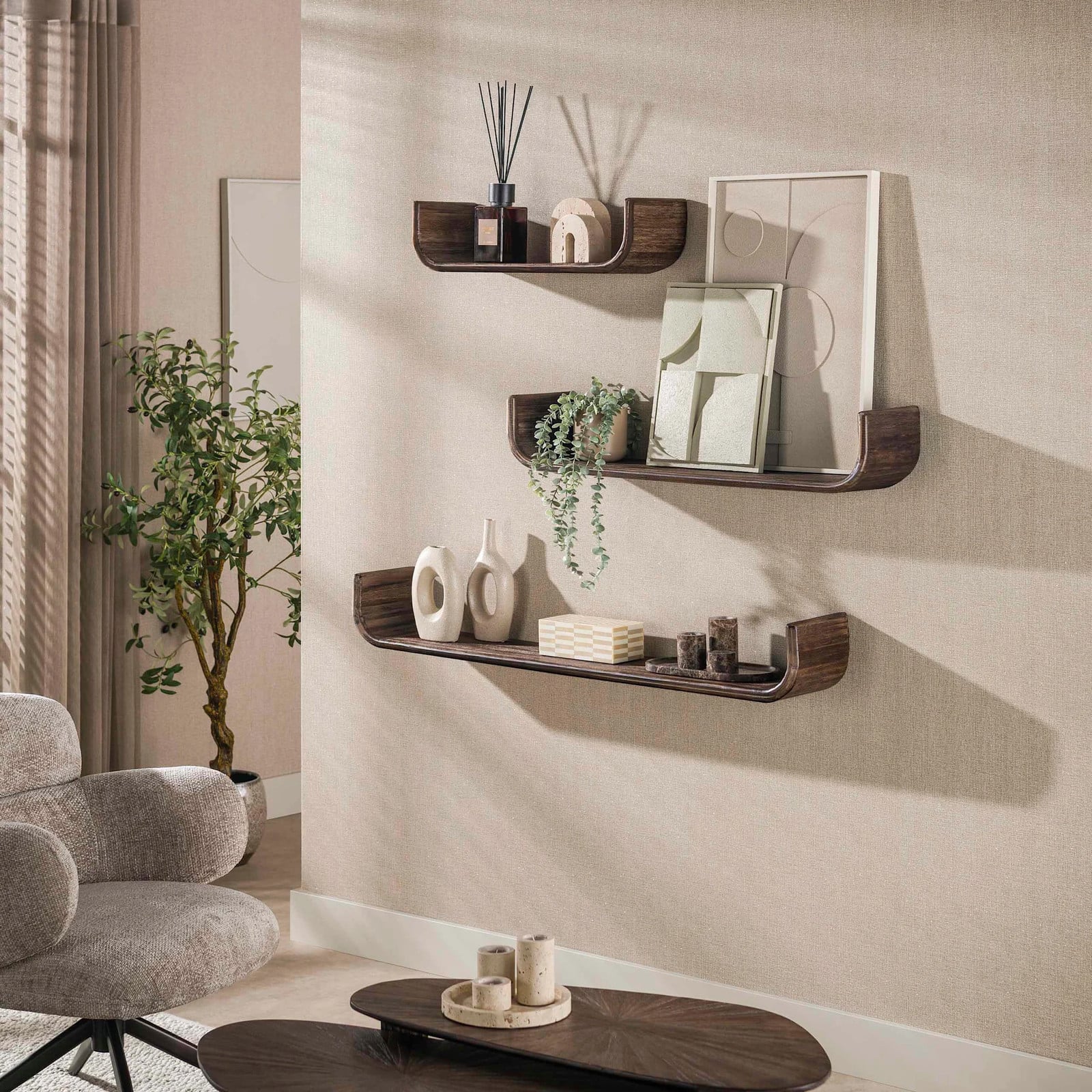 WoonStijl Wandplank Maya U-shape set van 3 Teak Espresso