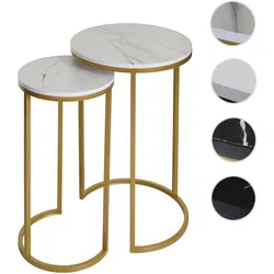 2er-Set Beistelltisch HWC-K46, Kaffeetisch Nachttisch Loungetisch, Marmor-Optik MDF ~ weiß-gold
