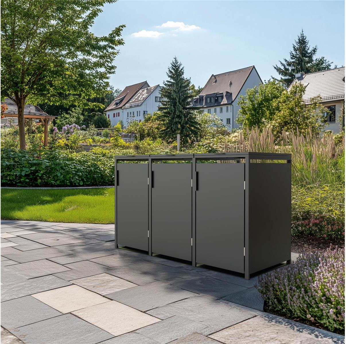 3er Mülltonnenbox Stahl Anthrazit 198,5x80x116cm Gasdruckfeder