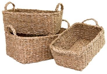 IH Casa Decor 3Pc Rect. Seagrass Basket With Braided Handles Natural