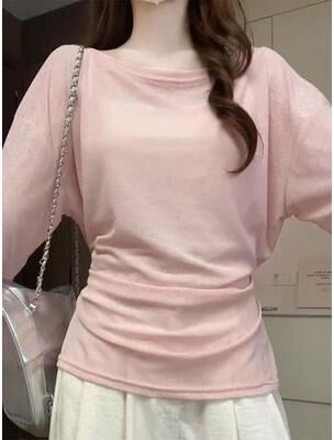 Universal Stock Korean Chic Off Shoulder Top Oversized Long Sleeve Backless Shirt For Women pink m