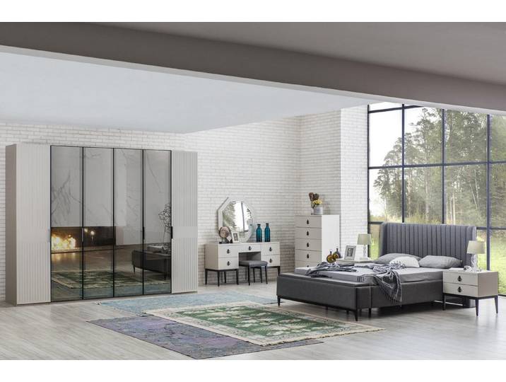 Xlmoebel Komplettschlafzimmer Helle graue Schlafzimmerausstattung mit Bett und Kleiderschrank, (7-tlg., Bett/2х-Nachttische/Kleiderschrank/Schminktisch/Spiegel/Hocker/Kommode), Hergestellt in Europa