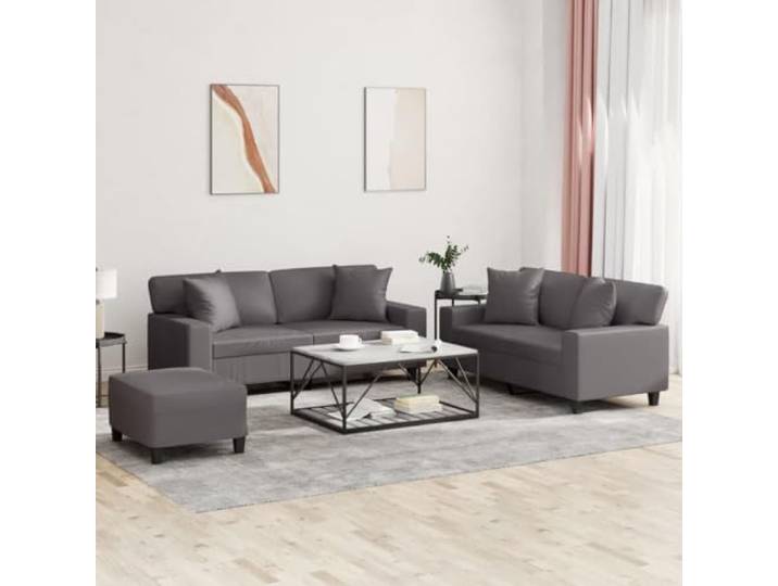 HEFZGDB 3-TLG. Sofagarnitur mit Kissen Grau Kunstleder – Langlebiges Sofaset mit robustem Gestell, bequemen Sitzflächen und praktischem Fußhocker für Wohnzimmer Entspannung, Schmutz
