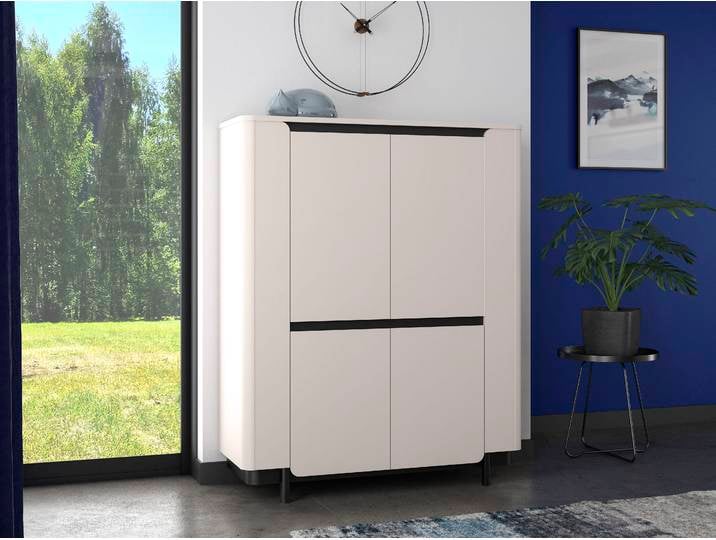 Vitrine FORTE Vodol , beige (kashmir beige, schwarz), B:130,3cm H:161,1cm T:44,8cm, Holzwerkstoff, Schränke, Vitrine, Highboard, Soft Close, ABS Kanten