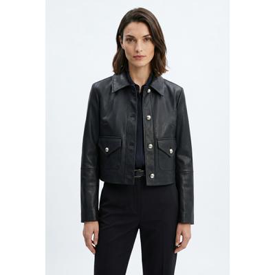 Lederjacke BOSS ORANGE "Sakara Premium Damenmode", Damen, Gr. 46, schwarz 001, Obermaterial: 100% Ziegenleder, unifarben, regular fit hüftlang, Jacken, mit Spitzkragen und Pattentaschen, Regular Fit