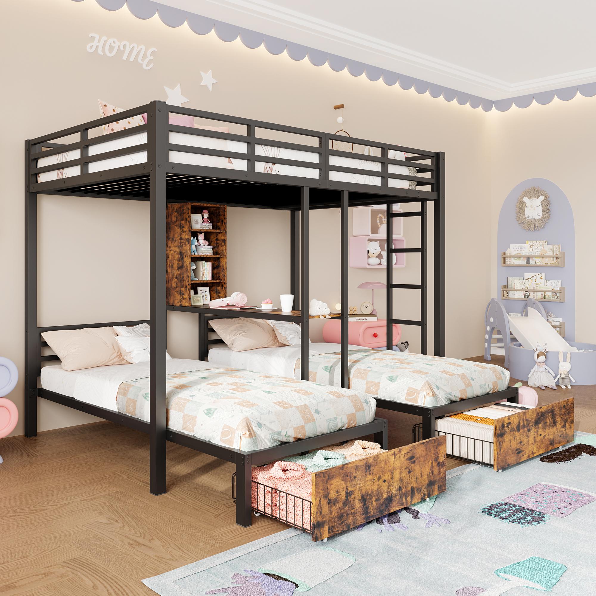 Merax Etagenbett 140x200, 90x200 cm, 3 Betten, mit Stauraumfächern, 2 Schubladen, Eisenbett, Stockbett, Kinderbett, Jugendbett,Schwarz