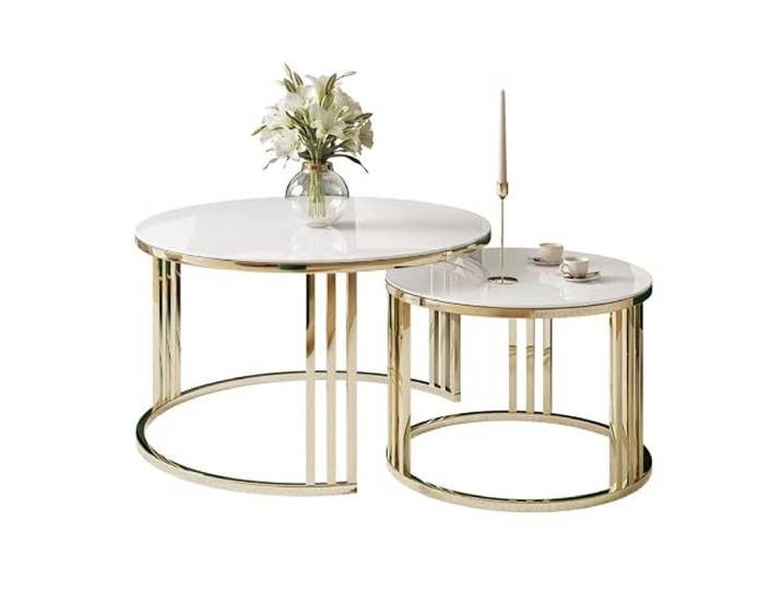 Lookway Couchtisch Lori 2in1 Glass runder Couchtisch mit Gold Chrom Gestell (Goldgestell/Weißes Glas)