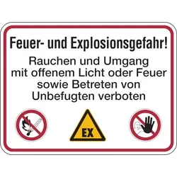 Hinweisschild, Feuer- u. Explosionsgefahr! - 400 x 300 x 0.6 mm Aluminium geprägt