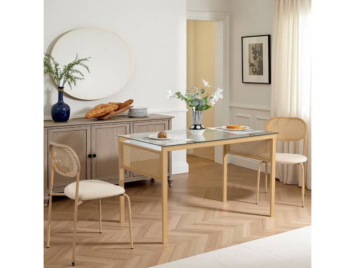 Rosahqnda Rattan-Esszimmerstühle 2er-Set, Polsterstuhl mit Sitzkissen et r rohfester Fußabdeckung, Esszimmerstuhl ohne Tisch