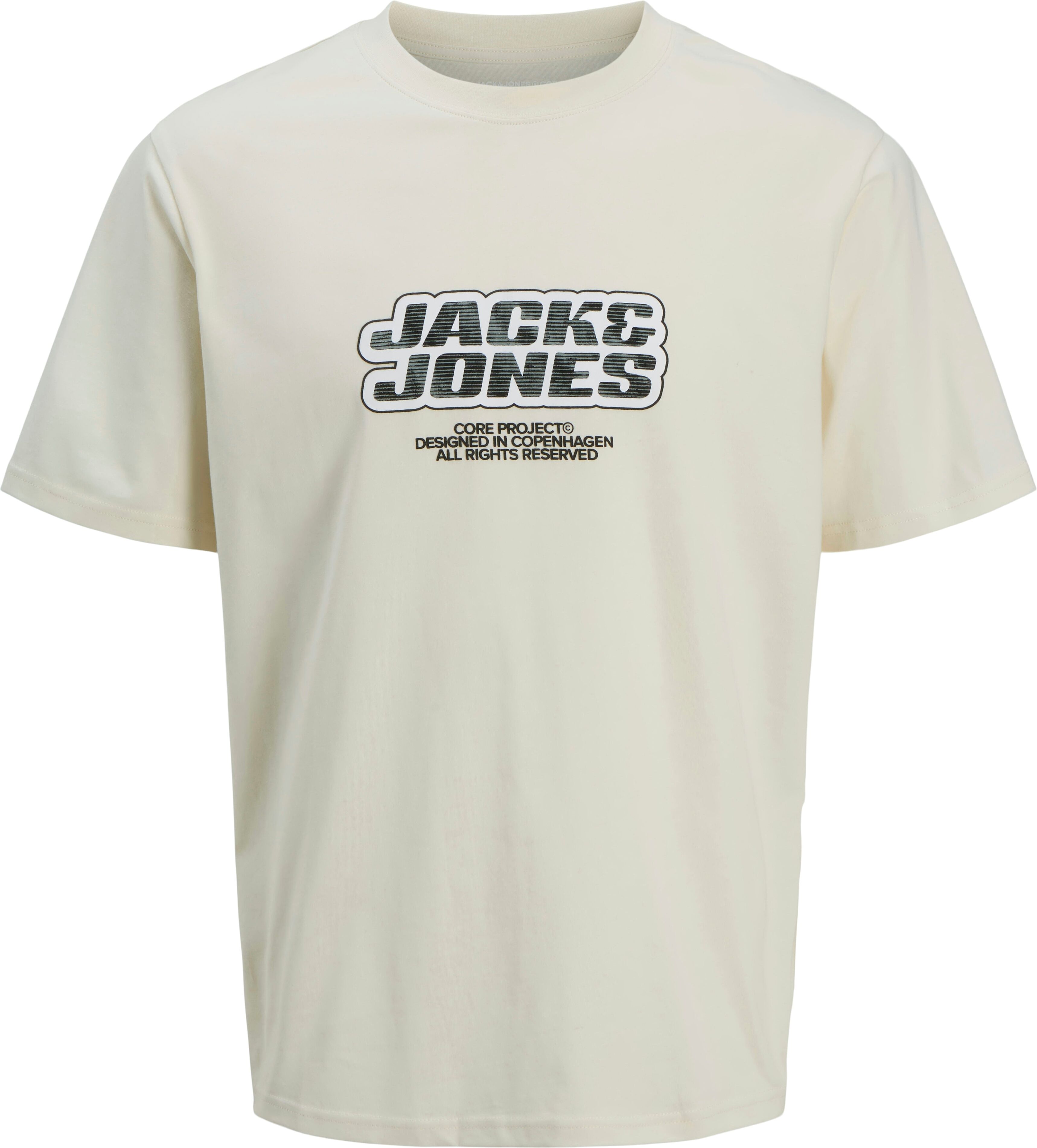 T-Shirt JACK & JONES "JCOLIDO AOP FRONT PRINT TEE SS CREW NECK", Herren, Gr. S, beige (sweet corn), Jersey, Obermaterial: 100% Baumwolle, bedruckt, regular fit taillenbedeckt, Rundhals, gerader Abschluss, Shirts T-Shirt, mit Frontprint sweet corn S
