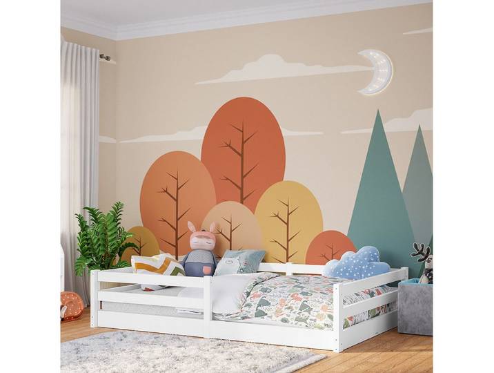 Bellabino Kinderbett Iskri mit Rausfallschutz und Lattenrost (weiß, optional mit Matratze), Bodenbett verfügbar in 90/120/140x200