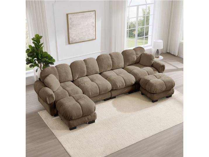 Canape modulable en U 4 places AESVAR chenille marron avec 2 ottomanes mobiles