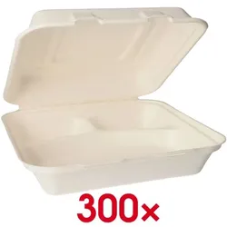 Papstar Menübox 3-geteilt 24x24 cm aus Zuckerrohr 300 Stück weiß, 24x8x24 cm