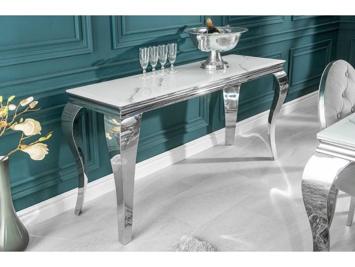 riess-ambiente Konsolentisch MODERN BAROCK 145cm grau / weiß, Glastisch · Marmor-Optik · Edelstahl-Beine