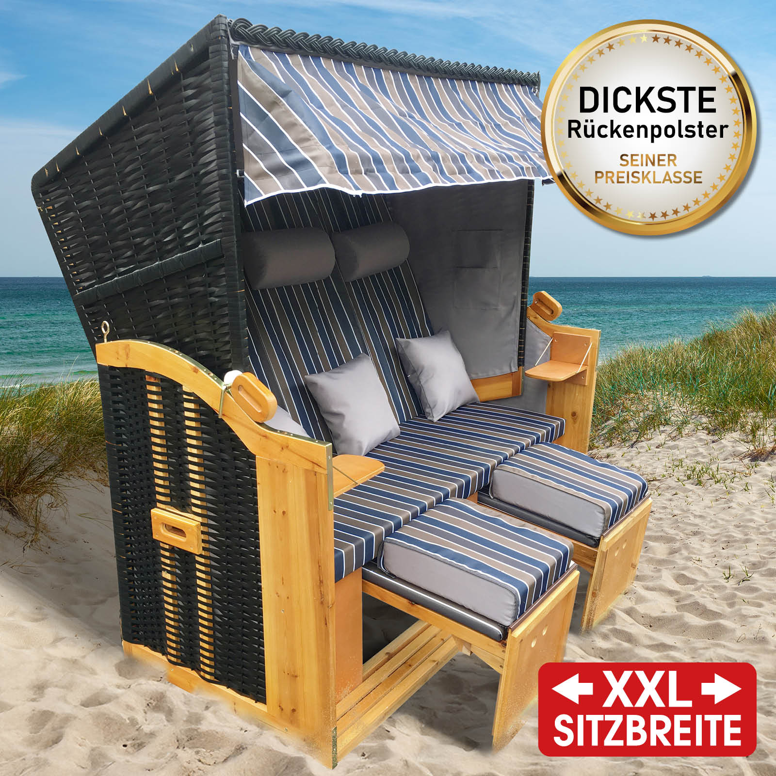 Brast XXL Strandkorb 3-Sitzer USEDOM braun/blau gestreift