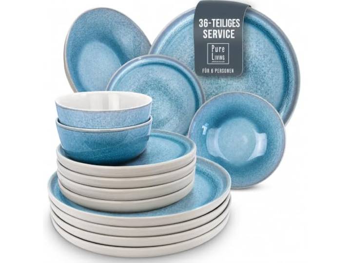 Steingut Geschirrset 12 Personen Ibiza 36 tlg. TESTSIEGER, Traumhaftes Mediterranes Steingut Geschirr Set, Schüssel- und Teller Set, Tafelservice 12 Personen, Geschirrsets Pure Living in Blau