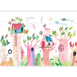 Artgeist, Tapete, Fototapete - Painted tree houses - a colourful fantasy with kites for children (200 x 140 cm)