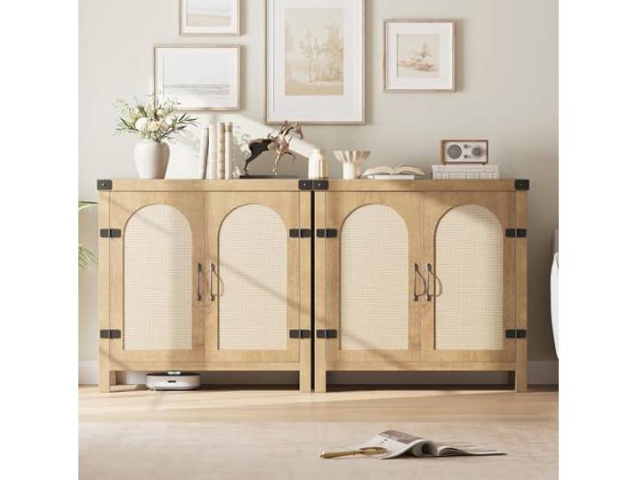 JustSmart Boho Rattan Sideboard mit verstellbarem Regal – Landhaus-Küchenschrank mit Flechtfront für Wohnzimmer, Diele & Esszimmer – Holzfarbe