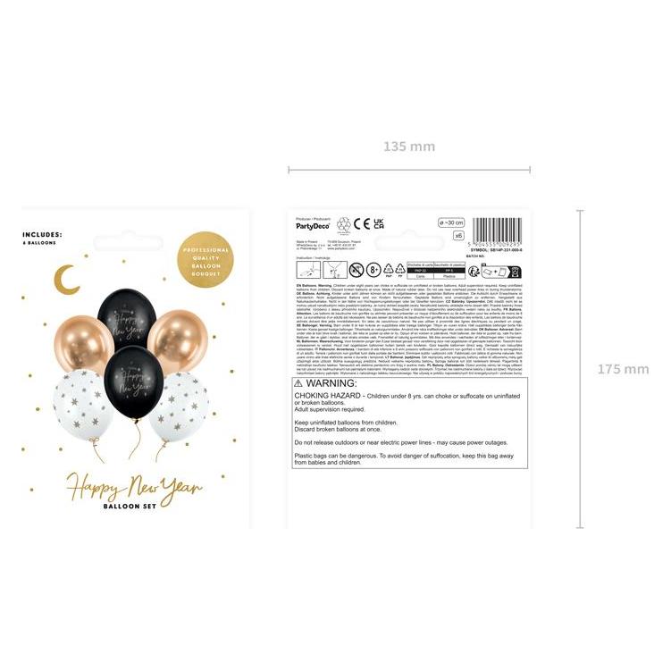 Partydeco Luftballon Happy New Year Gold/Schwarz/Weiss, 6 Stück (6x) (SB14P-331-000-6)