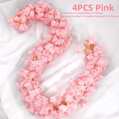 Inspire Curations 180cm Artificial Cherry Blossom Garland Romantic Sakura Vine For Wedding & Home Decor 4pcs Pink 1.8m