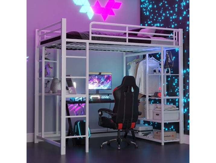 Lit superposé - Zephmum - 90x200 échelle cintres rangements blanc