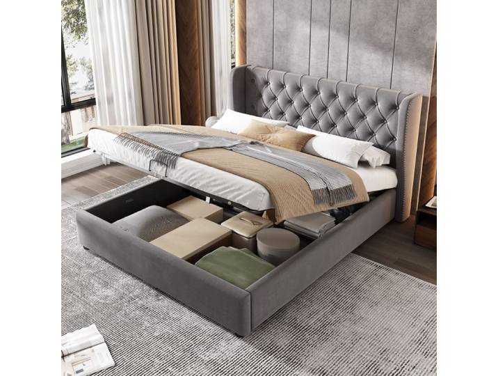 DRIPEX Lit rembourré en tissu velours 140×190cm Lit fonctionnel hydraulique avec sommier à lattes Gris