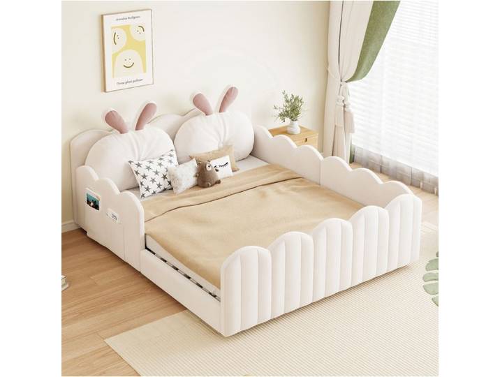 Lit plateforme rembourré beige 140 x 200 cm avec tête de lit lapin barrières de sécurité 12 lattes