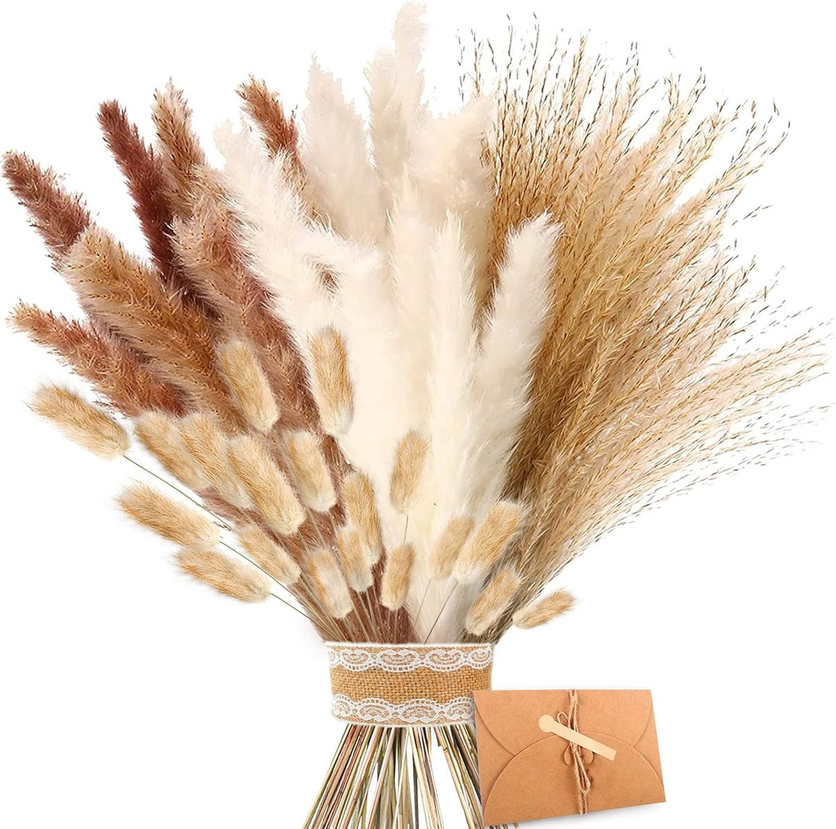 SnelShoppen Droogboeket met Pampasgras, Lagurus en Sedge - Natuurlijke Bloemen in Bruin en Wit