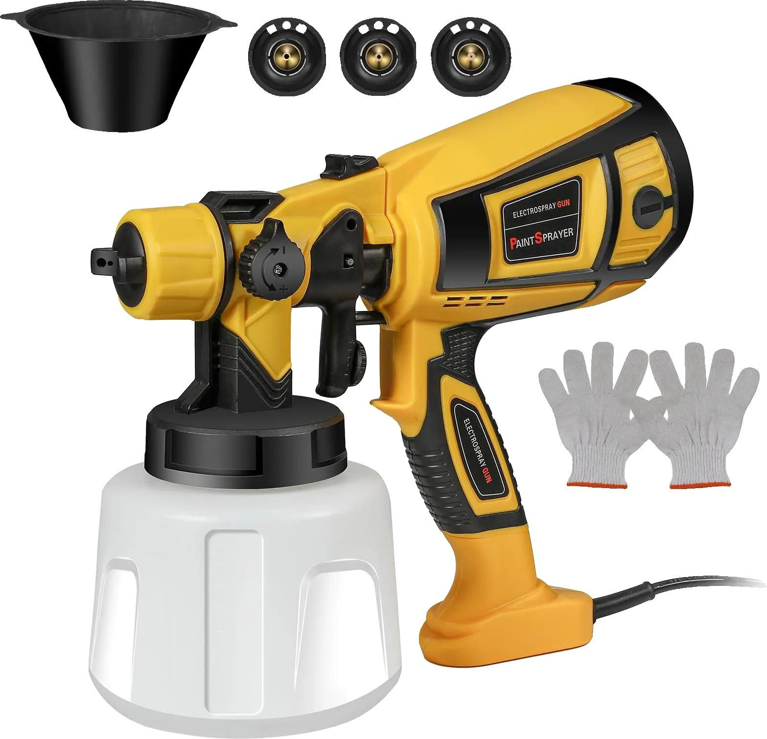 Elektrische handverfspuit met instelbare flowcontrole en 4 spuitmonden, geel, 1,4 l