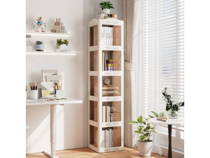 Bibliothèque à 5 Niveaux Rotative à 360° COSTWAY 174cm Étagère d'Angle Pliante de Sol Translucide pour Salon Chambre Bureau Blanc