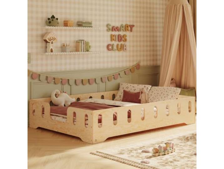 smartwood Bodenbett 120x200 cm mit Rausfallschutz, Holz, TILA 2B Montessori Kinderbett, Lattenrost belastbar bis 300 kg, FSC-Zertifikat, abgerundete Kanten, Einfache Montage, ab 3 Jahren