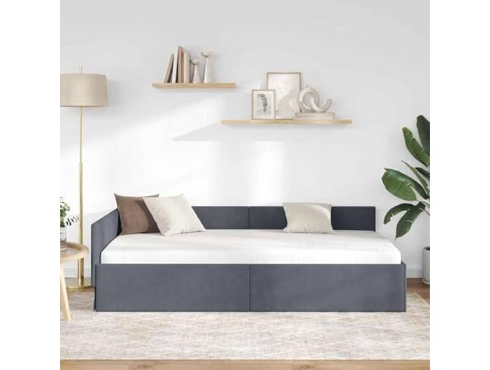 KTHLBRH Eck-Bettrahmen, Samt, Dunkelgrau, 100 x 200 cm Bettgestell mit festem Lattenrost, platzsparendes Design, wendbares Kopfteil
