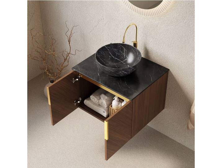 Meuble vasque suspendu 61 cm avec vasque céramique noire plan en pierre frittée noire finition chêne brun