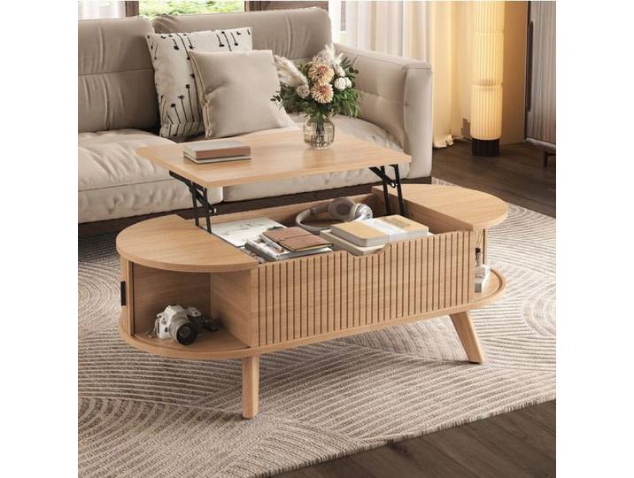 MEUBLIV Table basse ovale relevable 110 cm rangement dissimulé 2 portes coulissantes MDF naturel