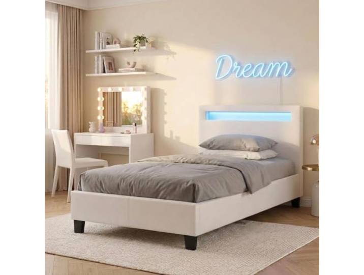 CARO-Möbel Polsterbett Himalaya mit LED Beleuchtung Einzelbett Jugendbett 90x200 cm mit Lattenrahmen, Stoffbezug in weiß