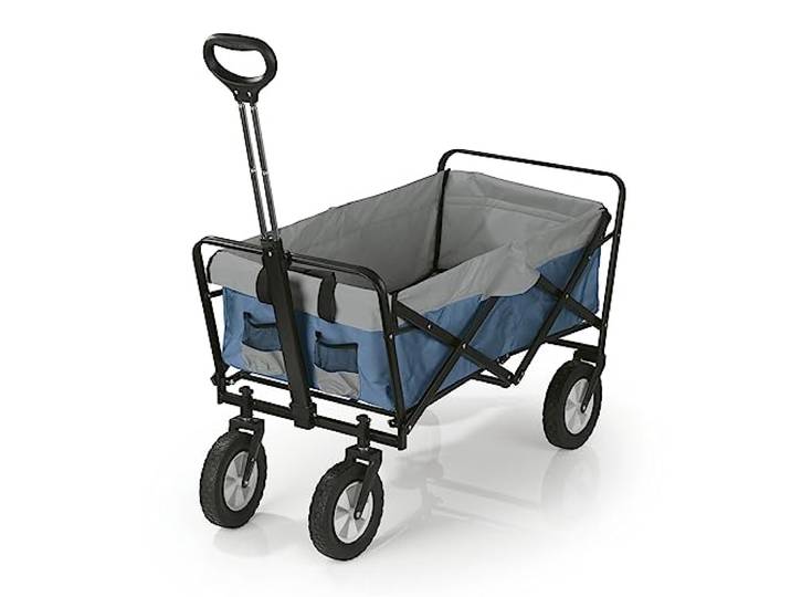 EASYmaxx Bollerwagen faltbar Klappbarer Handwagen Transportkarre bis 80 kg belastbar Kompaktes Design Ausziehbarer Griff 360° Vorderräder Für Ausflüge, Garten, Festivals [Blau/Grau]
