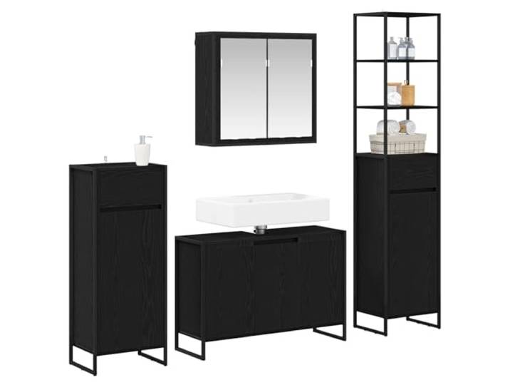 KTHLBRH Badezimmermöbel-Set Eiche Schwarz Holz mehrschichtig Mit Spiegel, 15 Einlegeböden, 7 Türen, 1 Schublade, Stahl, 4 Stück