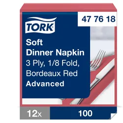 Tork Soft Dinnerservietten Bordeauxrot, 1/8‐Falz, 3‐lagig, 39 cm × 39 cm, 12 × 1...