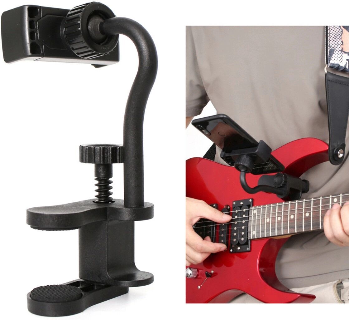 INF Elektrische Gitarren-Handy-Klemme – Verstellbarer Universal-Smartphone-Halter für E-Gitarren und E-Bässe, Schwarz ABS