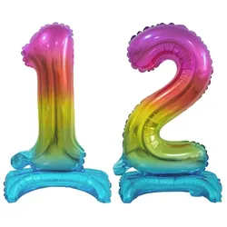 Stehender Folienballon Zahl 12 Regenbogen bunt 38 cm