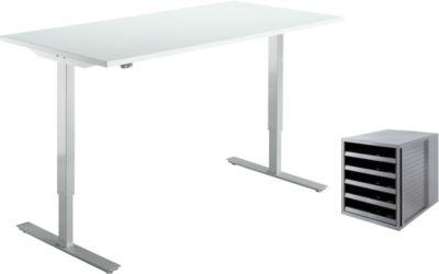 Schreibtisch Start Off, elektrisch höhenverstellbar, B 1600 mm, lichtgrau/weißalu + Gratis Schubladenbox Schrank-Set Karma, grau